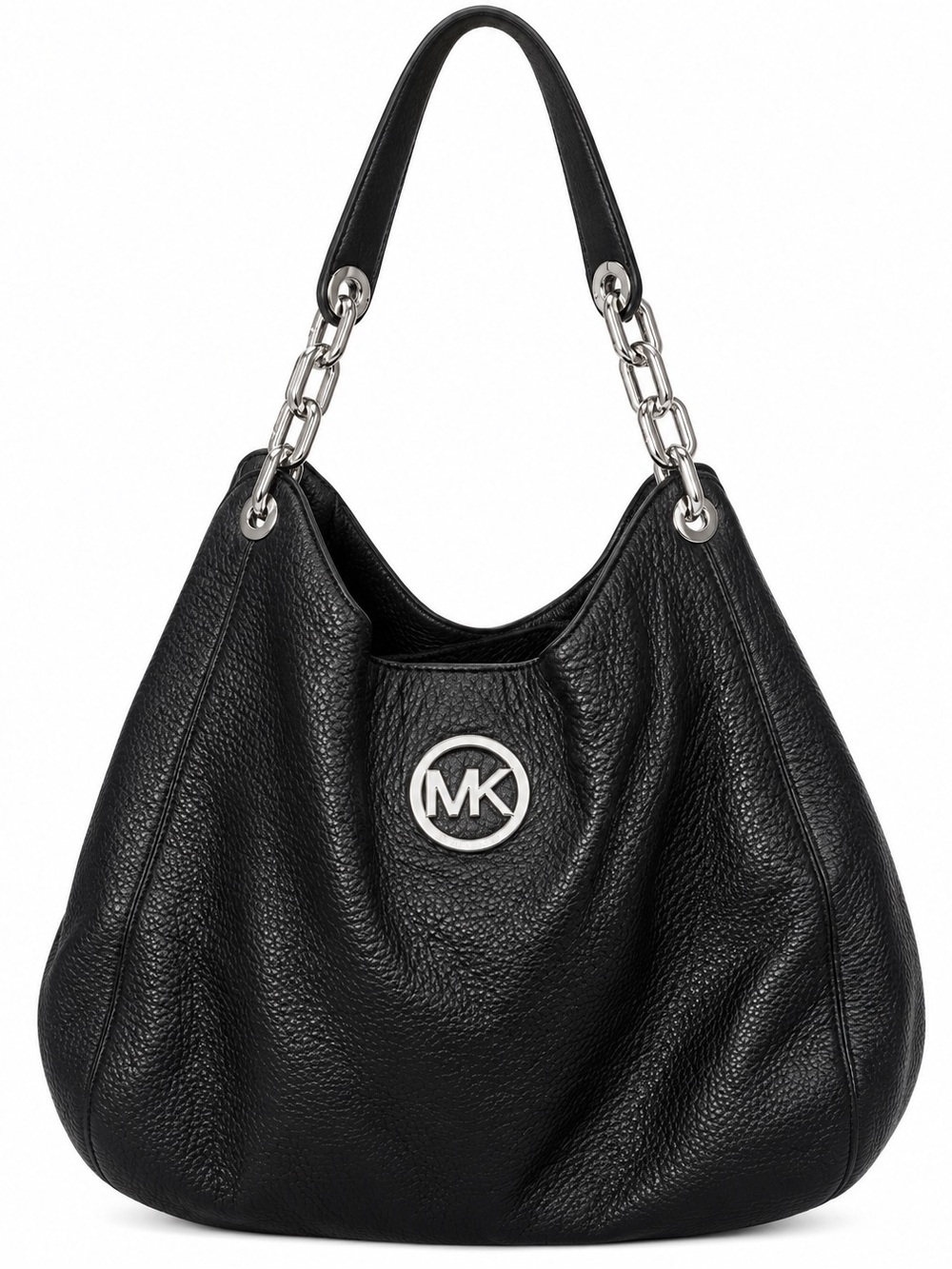 Michael Kors Black Pebbled Leather Shoulder Hobo with Silver Chain Accents